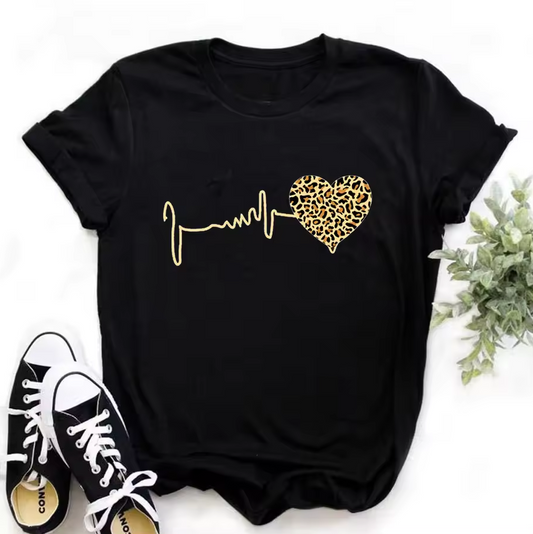 Lands Mode Damen T-Shirt - Kurzarm mit Herzschlag-Grafikprint - Rundhals & Baumwoll-Mix